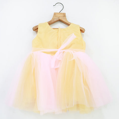 Yellow Sleeveless Net Party Frock With Booties