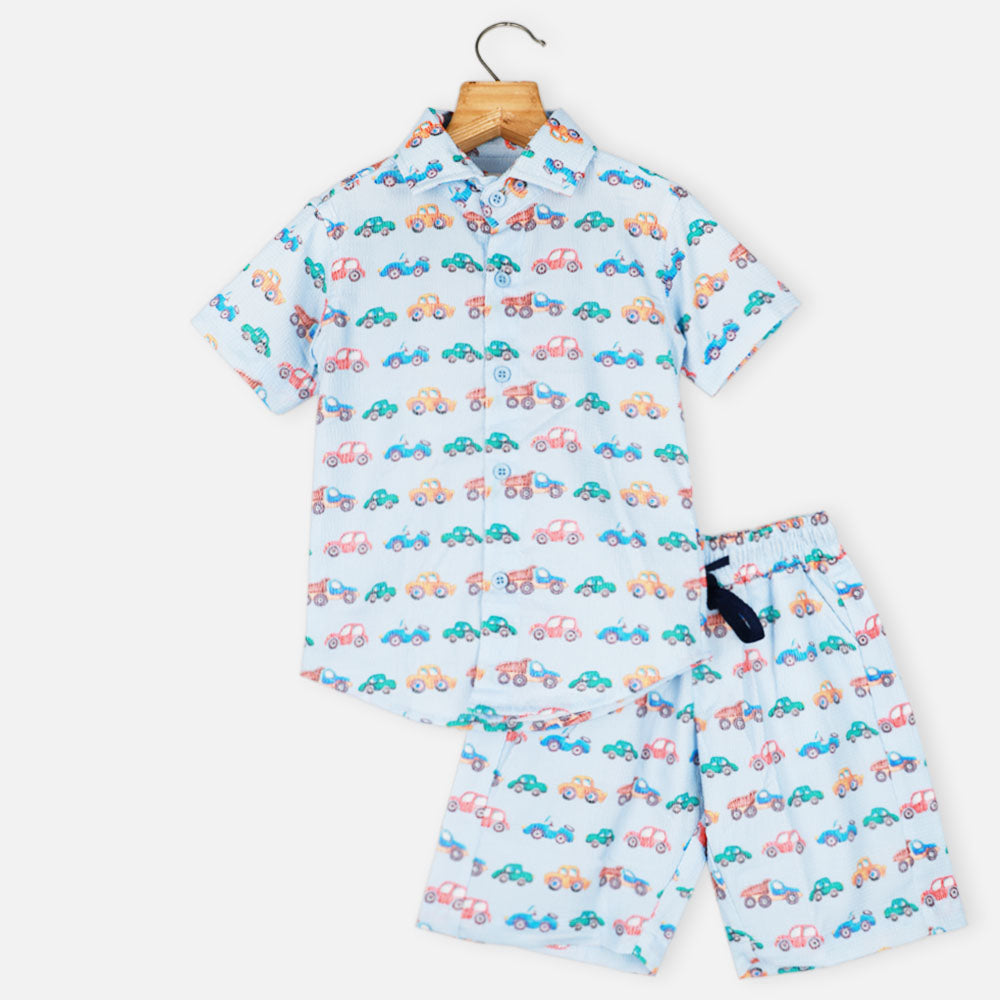 Blue Vehicle Theme Shirt With Shorts Co-Ord Set