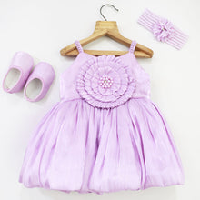 Load image into Gallery viewer, Lavender &amp; Purple Flower Embellished Dress With Booties &amp; Headband
