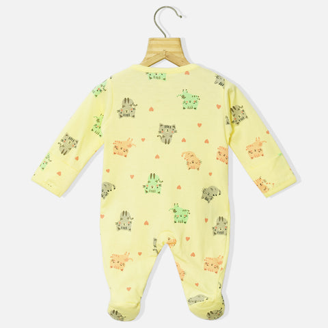 Yellow Kitty Printed Full Sleeves Footsie With Folded Mittens