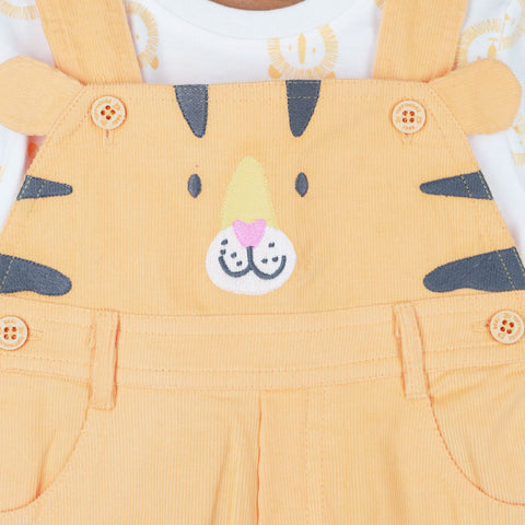 Yellow Embroidered Corduroy Dungaree With White T-Shirt