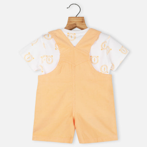 Yellow Embroidered Corduroy Dungaree With White T-Shirt