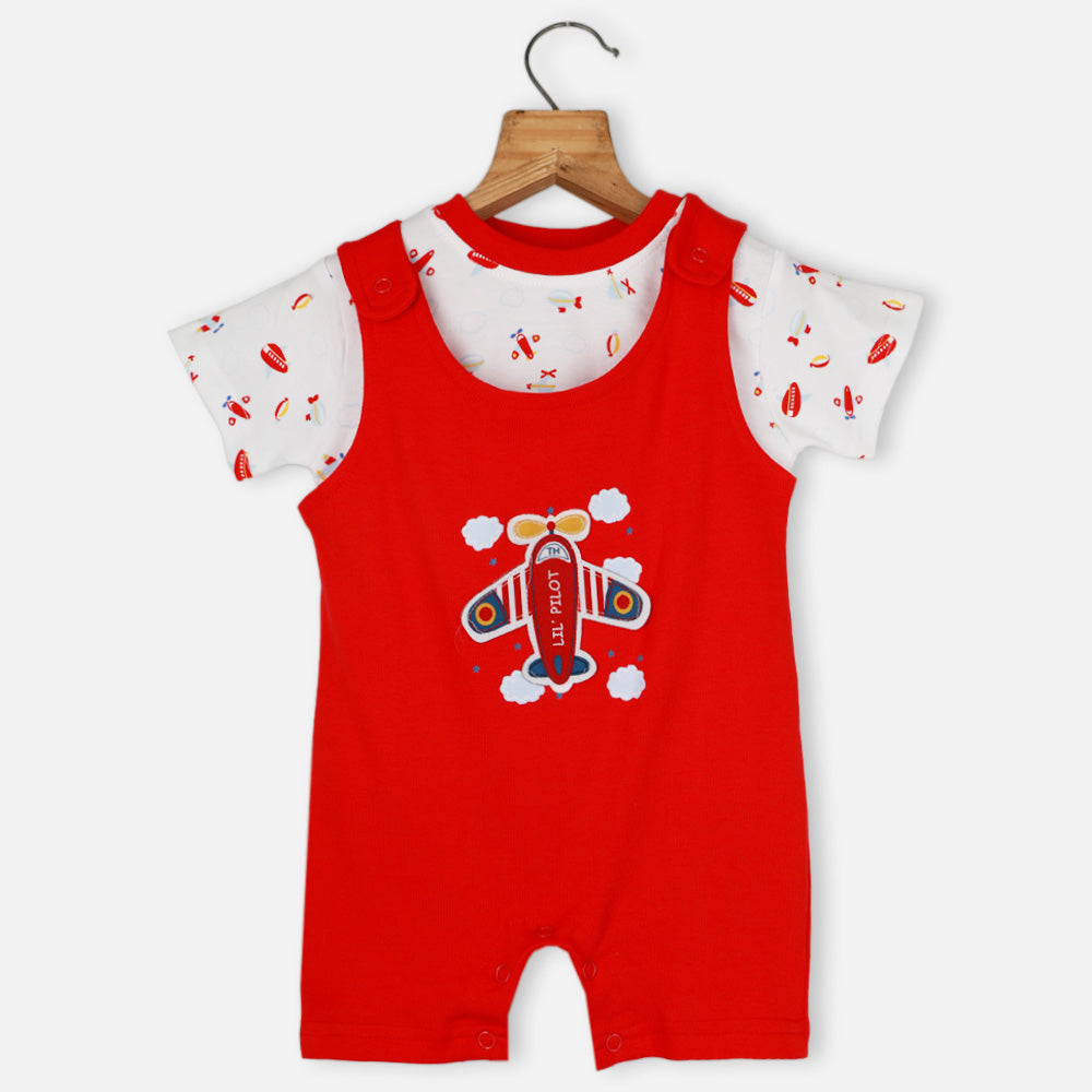 Red Airplane Romper Dungaree With T-Shirt