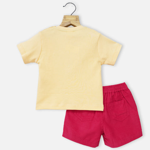 Yellow Half Sleeves T-Shirt With Red Corduroy Shorts