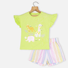 Load image into Gallery viewer, Neon Green Animal Theme Top With Striped Shorts
