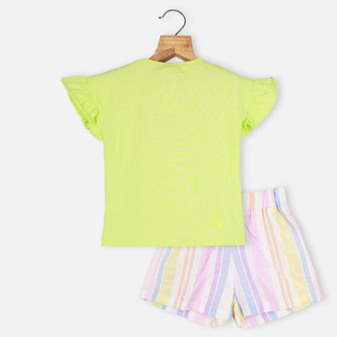 Neon Green Animal Theme Top With Striped Shorts