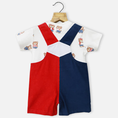 Colorblock Corduroy Dungaree With Half Sleeves White T-Shirt