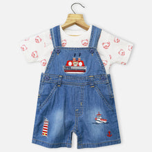 Load image into Gallery viewer, Blue Denim Dungaree With Half Sleeves White T-Shirt
