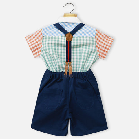 Colorful Checked Shirt T-Shirt & Blue Shorts With Suspender Set