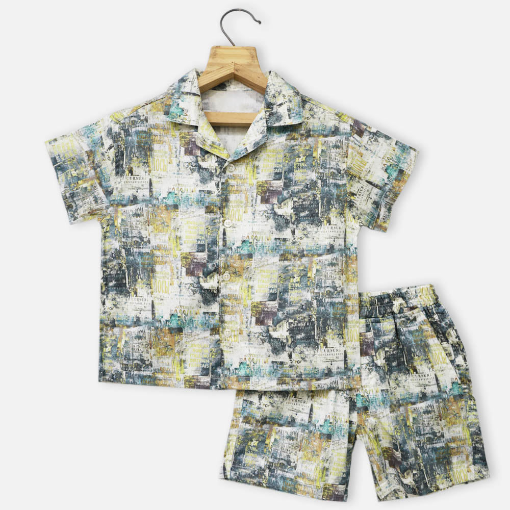 Grey Abstract Printed Shirt With Shorts Co-Ord Set