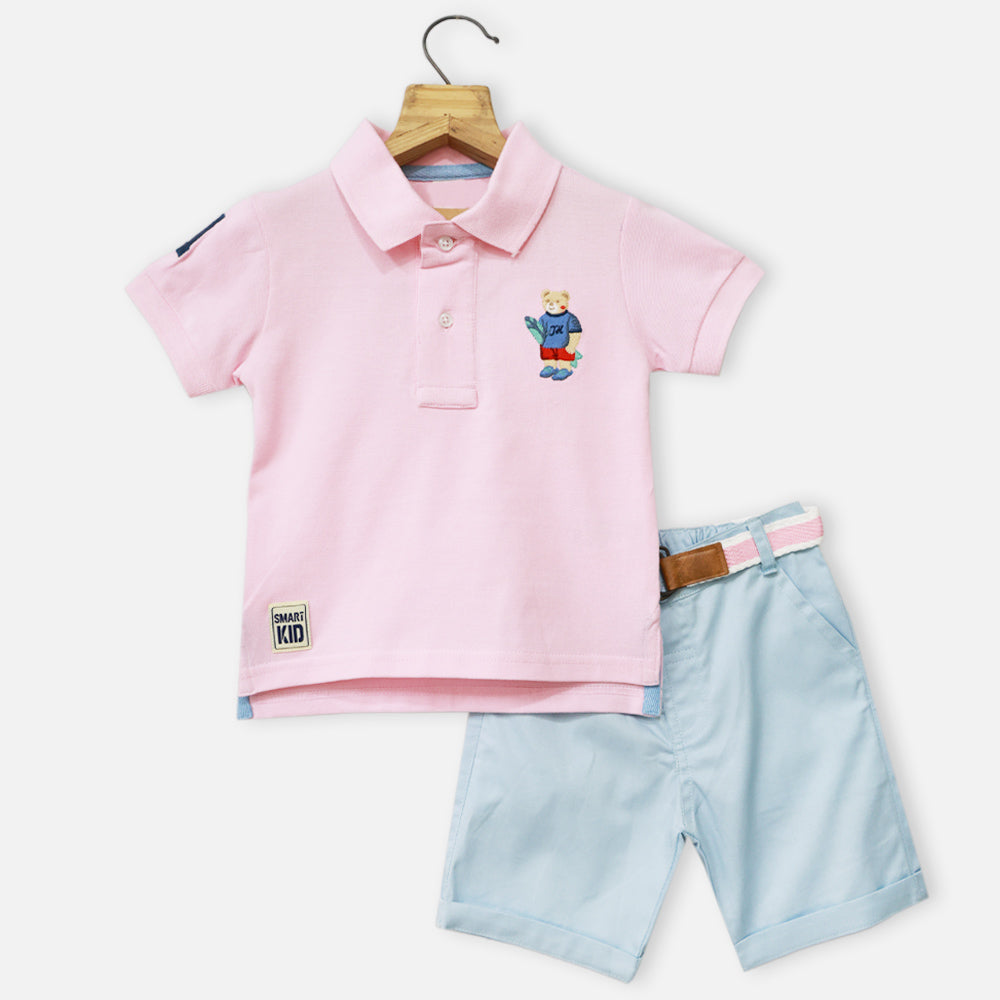 Pink Embroidered Polo T-Shirt With Blue Shorts