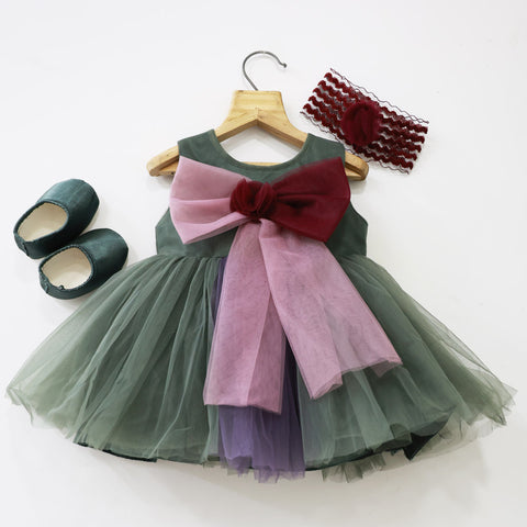 Green Bow Net Party Frock With Booties & Headband