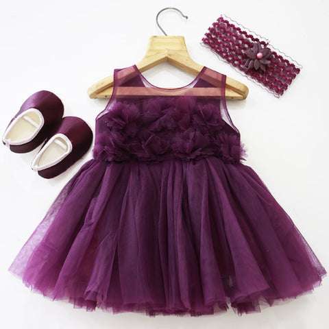 Purple Flower Embellished Party Frock With Booties & Headband