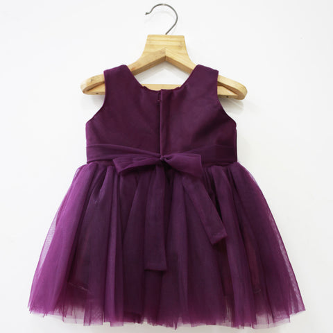 Purple Flower Embellished Party Frock With Booties & Headband