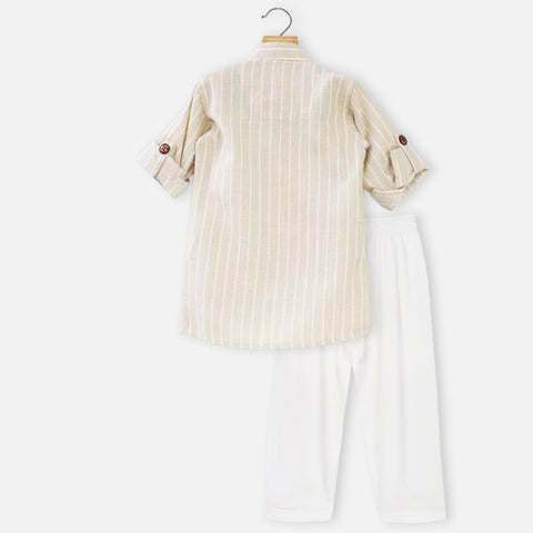 Beige Striped Kurta With White Pajama