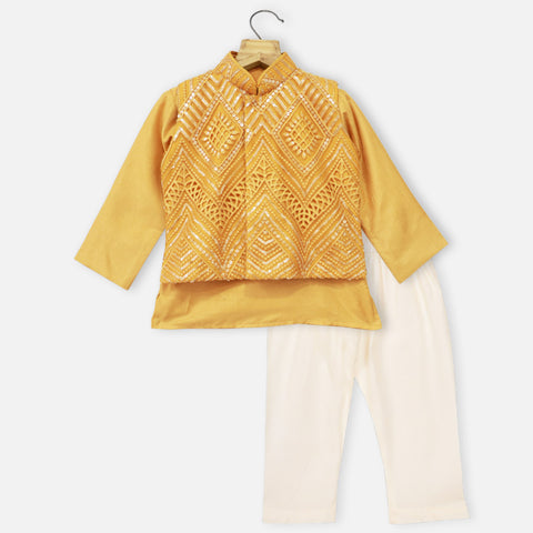 Yellow & White Sequins Embellished Nehru Jacket With Kurta & Pajama