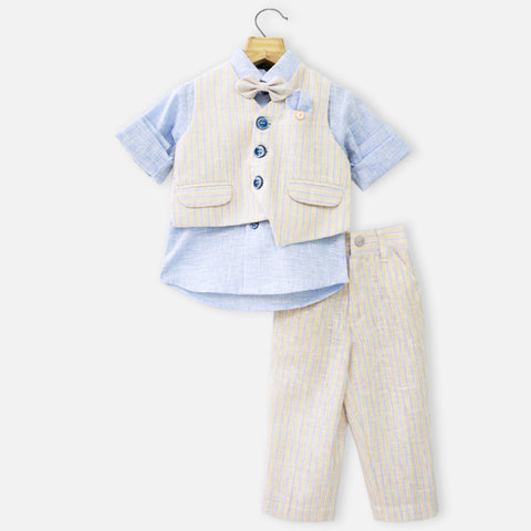 Beige Striped Waistcoat With Blue Shirt & Pant