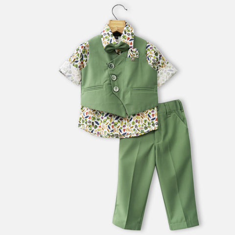 Green Waistcoat With Tropical Shirt & Pant