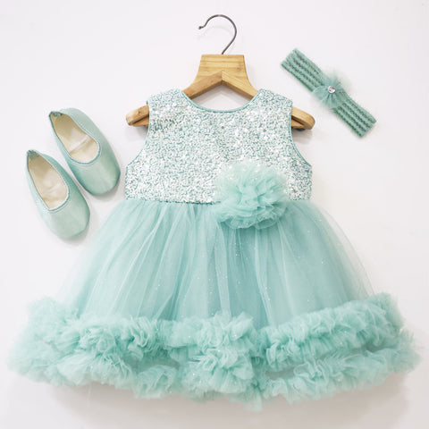 Sequins Embellished t Party Frock With Booties & Headband- Mint & Purple