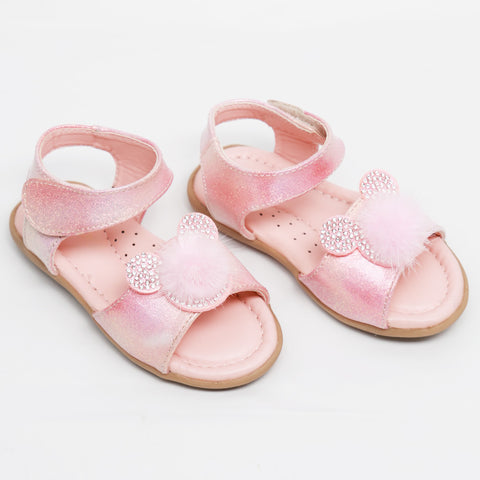Pink Embellishment Velcro Closure Flat Sandals