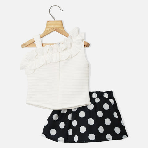 White Ruffled One Shoulder Top With Black Polka Dots Skirt
