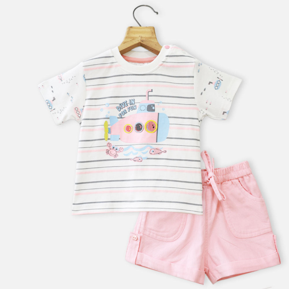 White Striped T-Shirt With Pink Corduroy Shorts