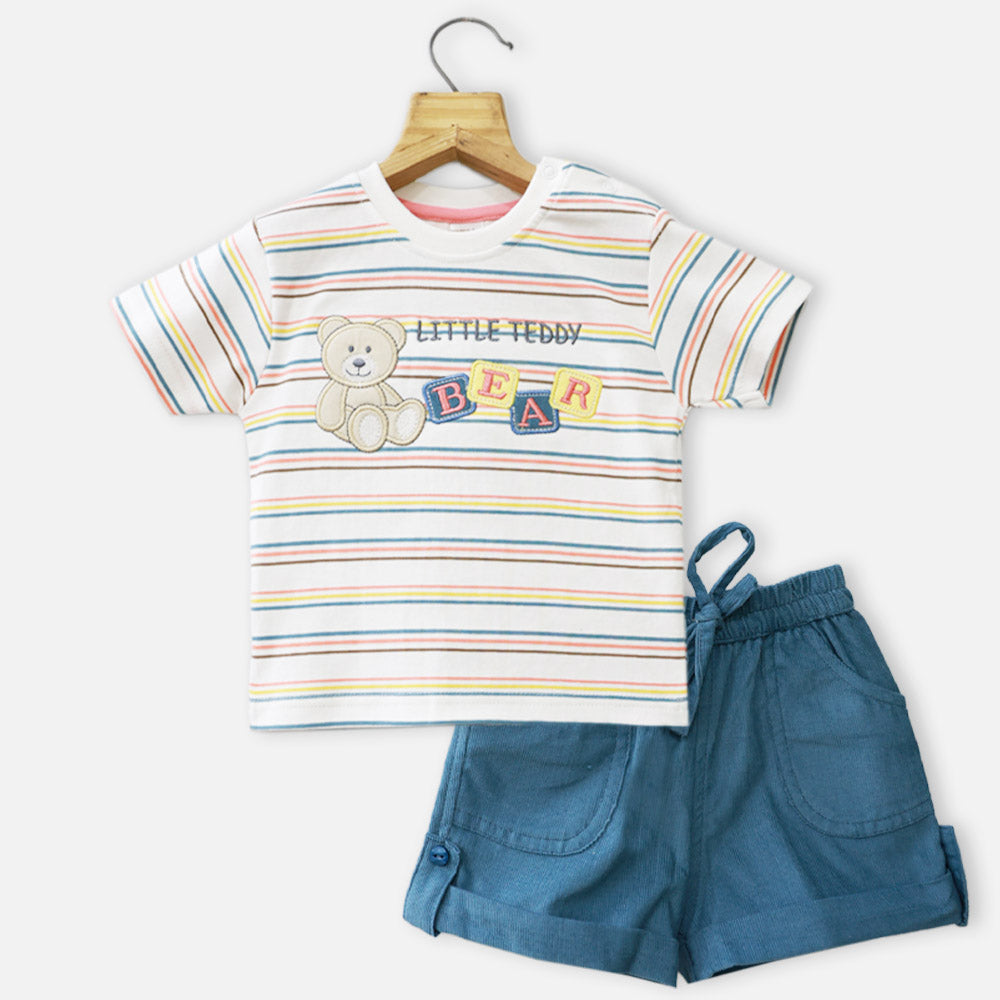 White Striped Half Sleeves T-Shirt With Corduroy Shorts