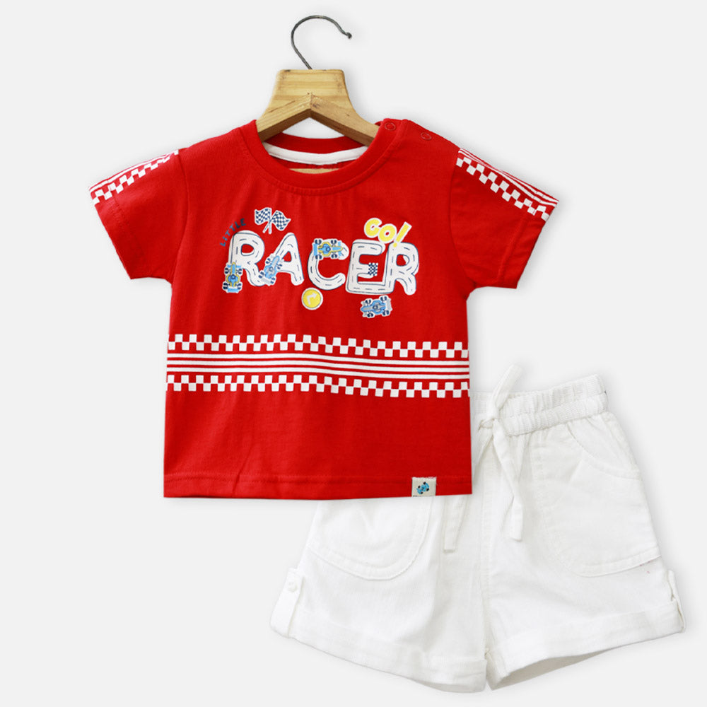 Red Half Sleeves T-Shirt With White Corduroy Shorts