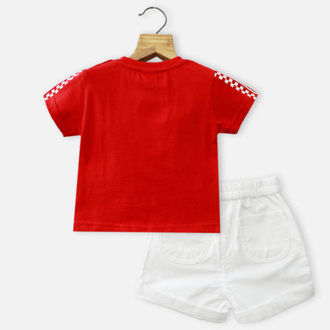 Red Half Sleeves T-Shirt With White Corduroy Shorts