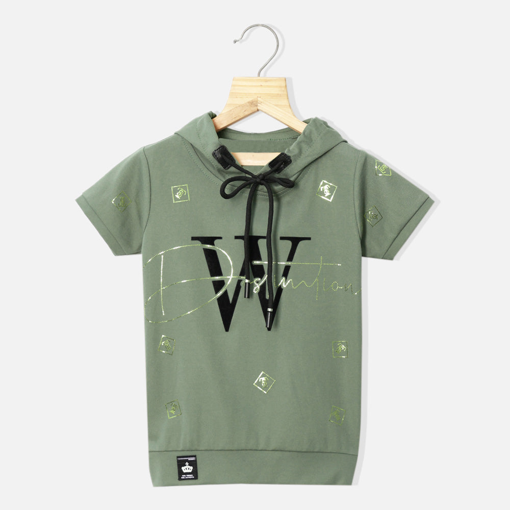 Black & Green Embellished Hooded T-Shirt