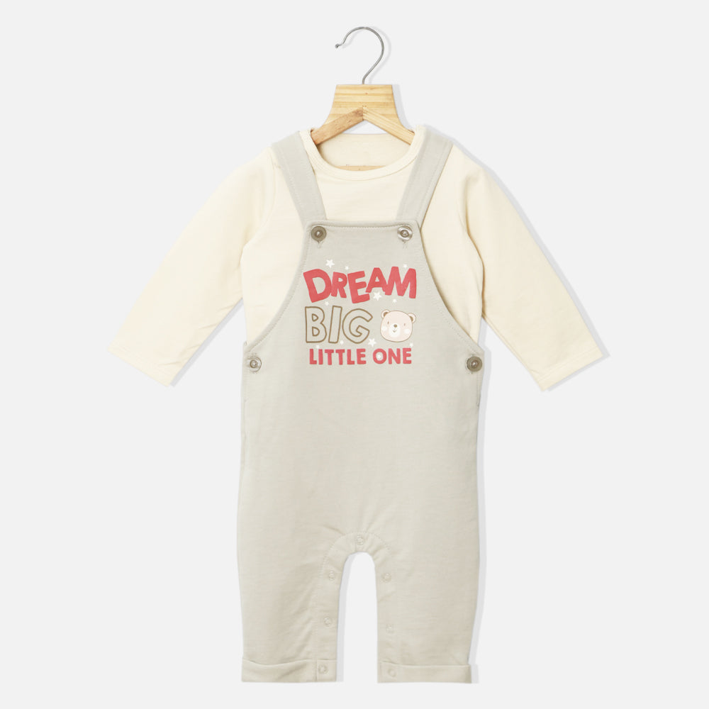 Beige Typographic Dungaree With Full Sleeves T-Shirt