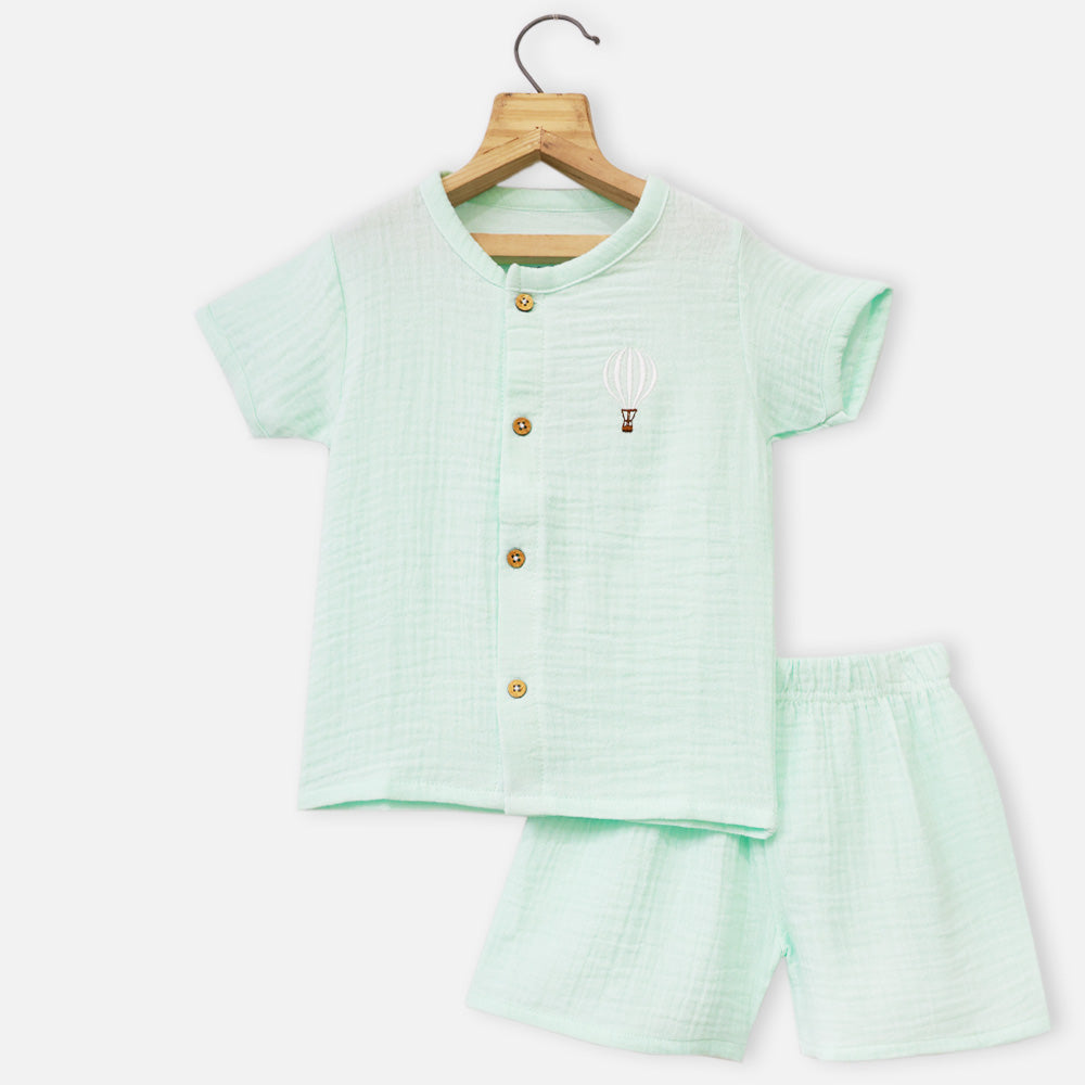 Blue Shirt With Shorts Muslin Co-Ord Set