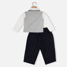 Load image into Gallery viewer, Grey Full Sleeves T-Shirt With Attached Tie &amp; Blue Striped Pants
