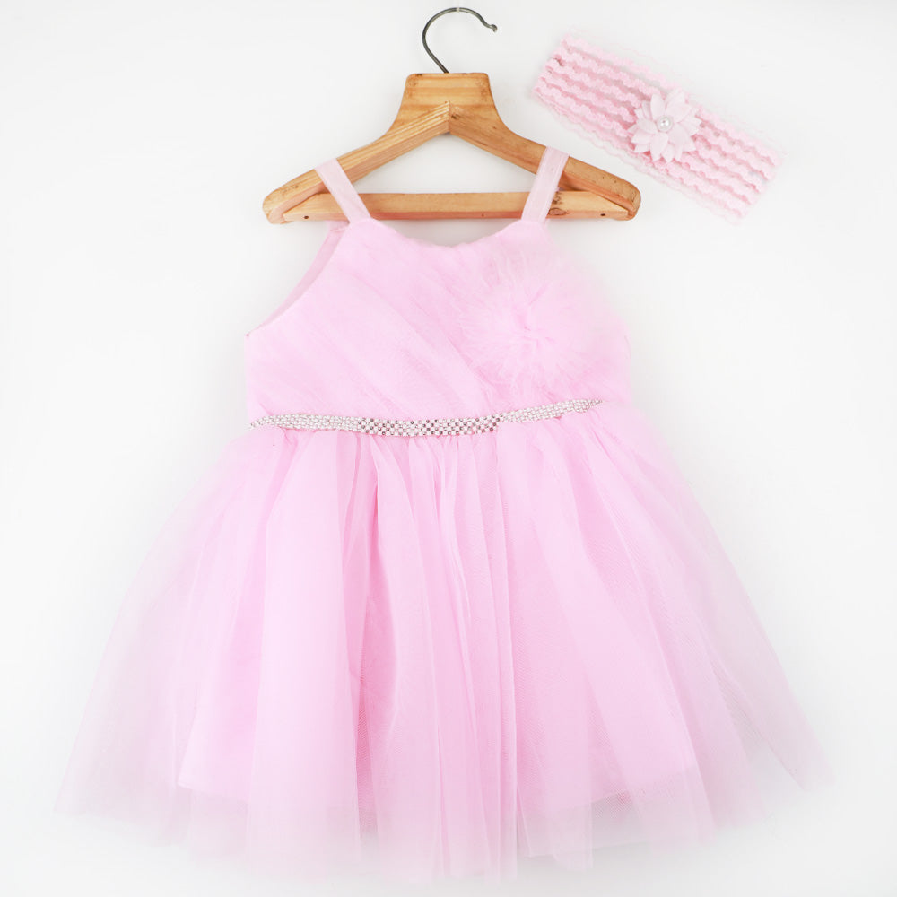 Pink Sleeveless Net Party Dress With Hairband