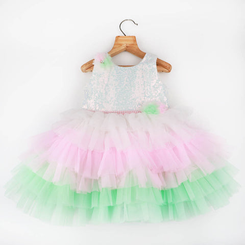 Sequins Embellished Layered Frill Party Dress-Blue & Green