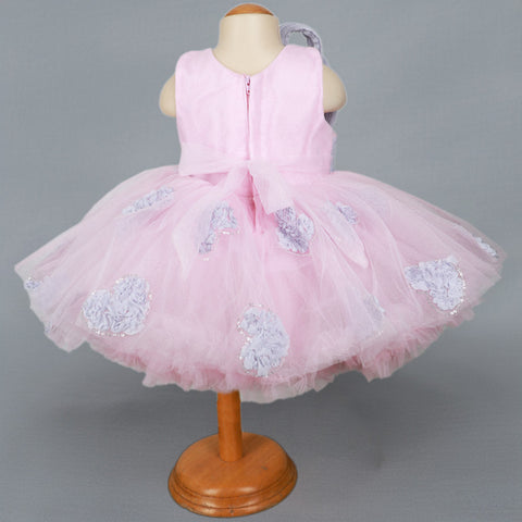 Pink Heart Embellished Net Party Dress