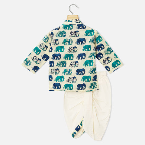 Beige Elephant Theme Cotton Kurta With White Dhoti