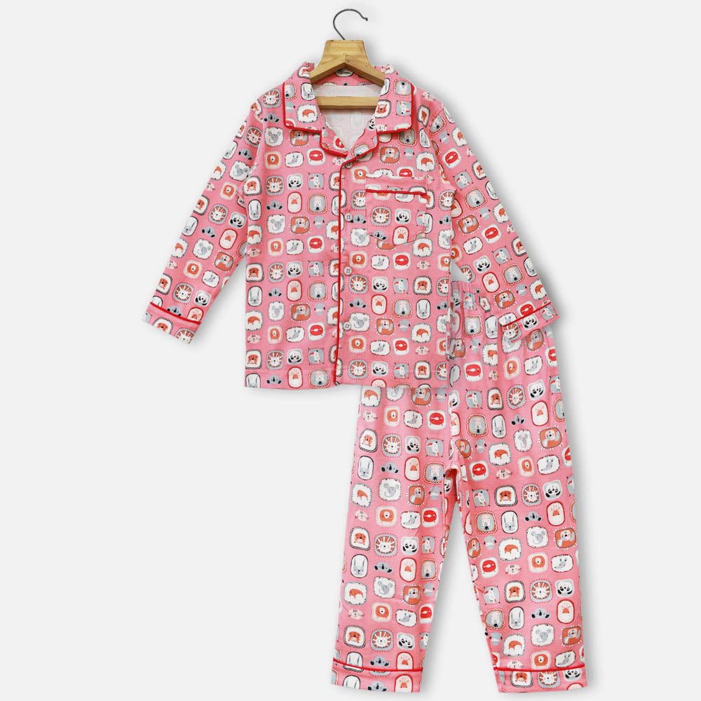 Pink & Grey Animal Theme Full Sleeves Night Suit