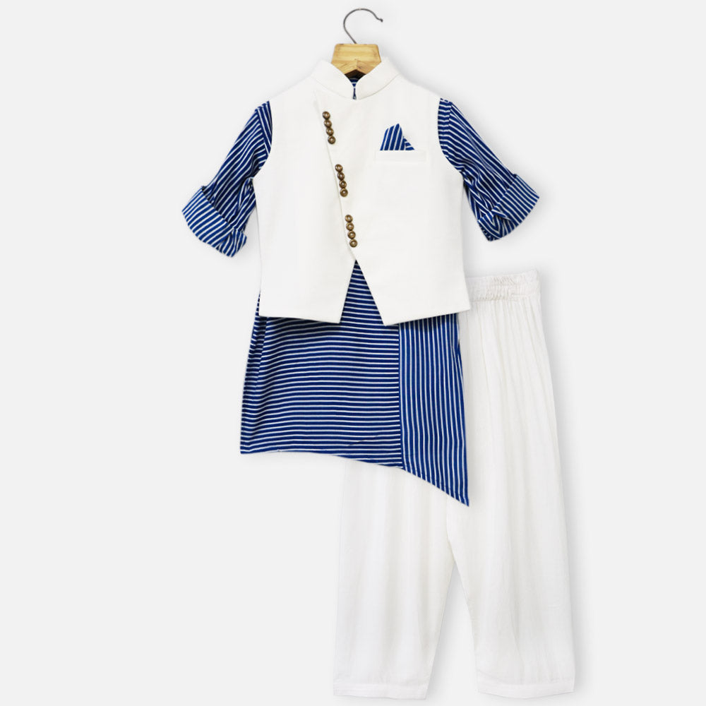 Blue Striped Kurta With White Nehru Jacket & Pajama