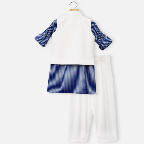 Blue Striped Kurta With White Nehru Jacket & Pajama