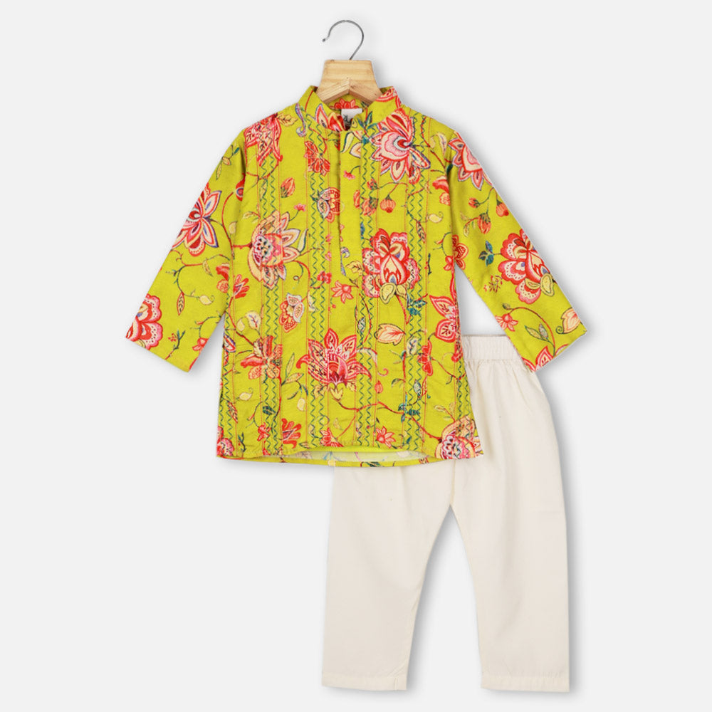 Yellow & Green Floral Kurta With Beige Pajama