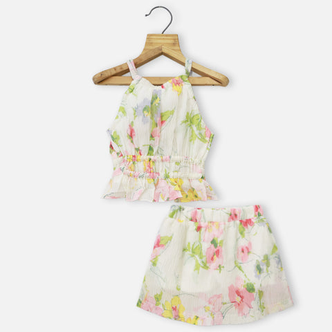 Floral Halter Neck Crop Top With Skirt Co-Ord Set