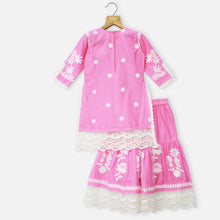 Load image into Gallery viewer, Pink &amp; Yellow Cotton Chikankari Kurta With Sharara &amp; Dupatta
