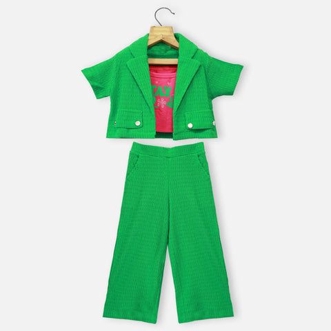 Green & Pink Blazer With Crop Top & Pant