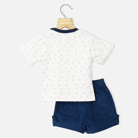 White Anchor Printed Half Sleeves T-Shirt With Corduroy Shorts