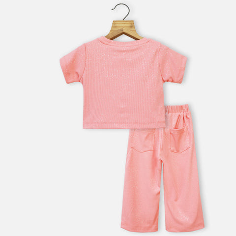 Peach Embellished Crop Top With Pant Co-Ord Set