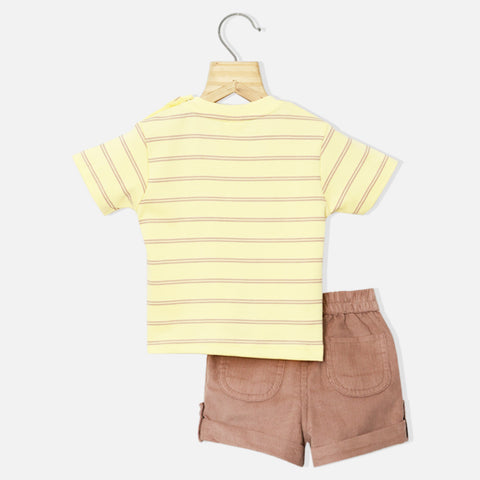 Yellow Striped Half Sleeves T-Shirt With Corduroy Shorts