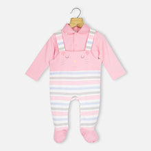 Load image into Gallery viewer, Pink Striped Footsie Dungaree With T-Shirt
