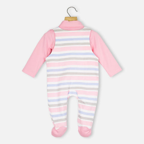 Pink Striped Footsie Dungaree With T-Shirt