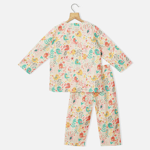 Beige Bird Theme Full Sleeves Kurta With Pajama Nightwear